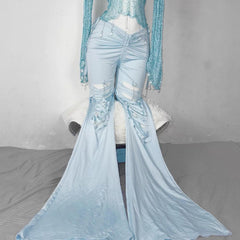 Halter knotted crystal pendant shrug hollow out ruched pant set