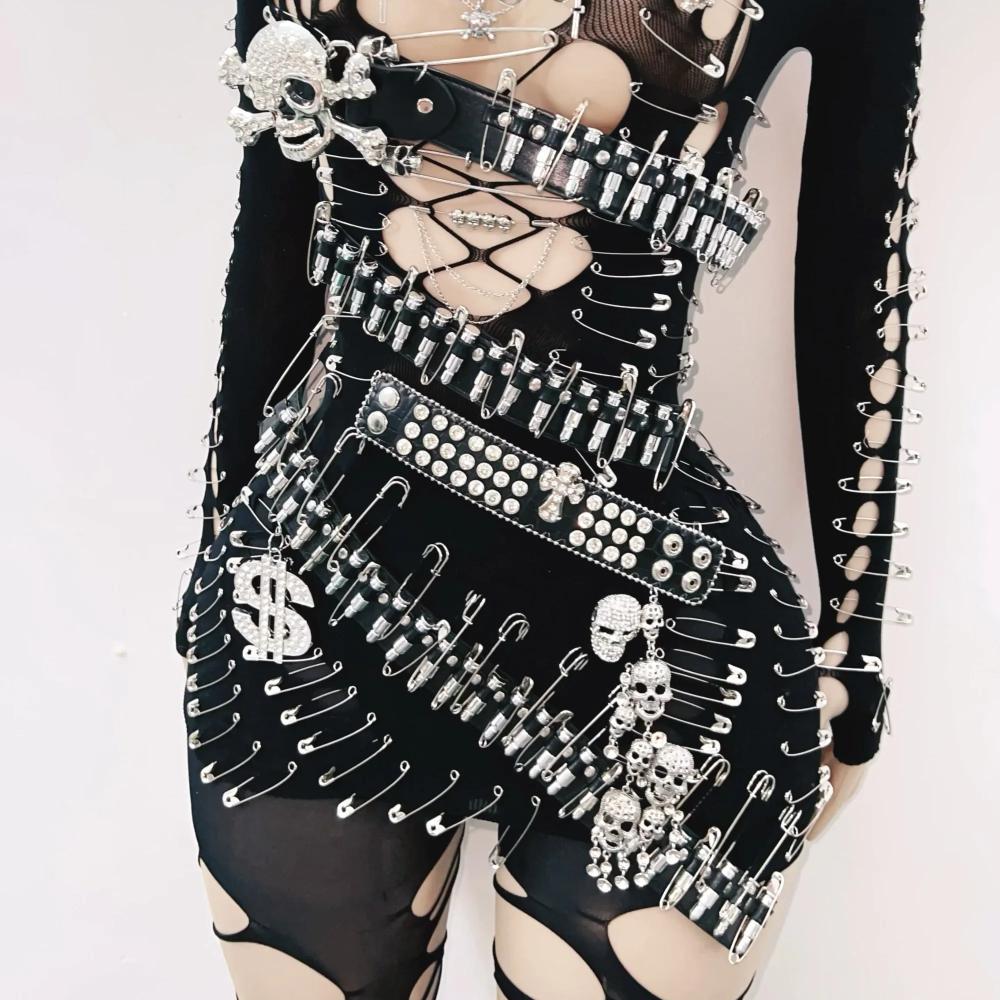 Long sleeve metal applique skull hollow out mini dress