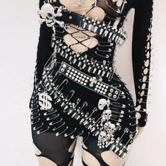 Long sleeve metal applique skull hollow out mini dress