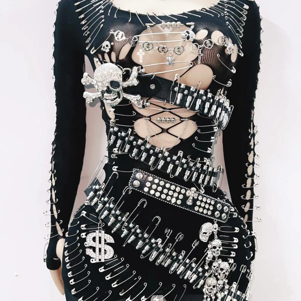 Long sleeve metal applique skull hollow out mini dress