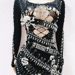 Long sleeve metal applique skull hollow out mini dress