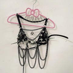 Halter o ring PU leather rivet metal chain mini skirt set