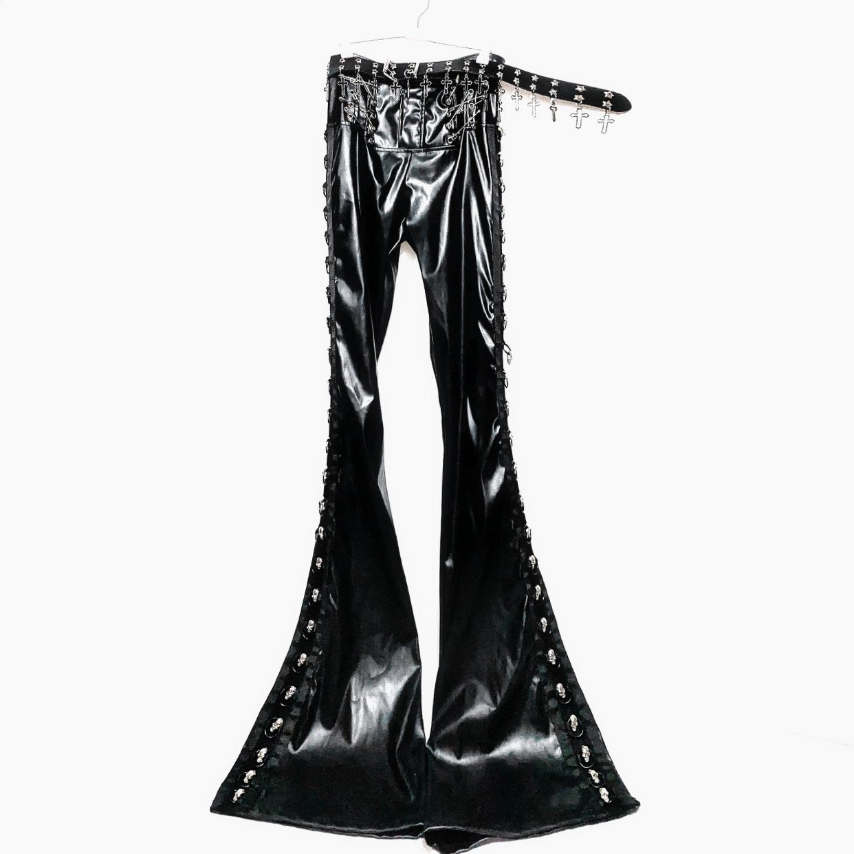 PU leather o ring skull applique pant
