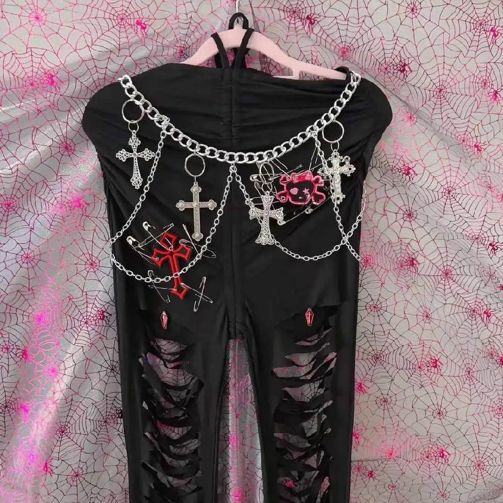 Hollow out metal chain self tie pant