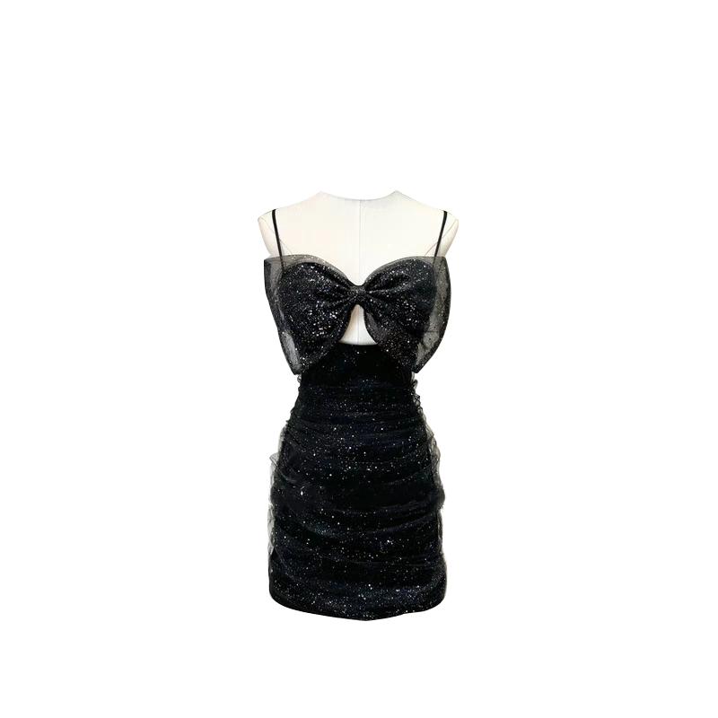 Glitter bowknot hollow out backless cami mini dress