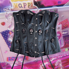 Sweetheart neck PU leather rivet skull top