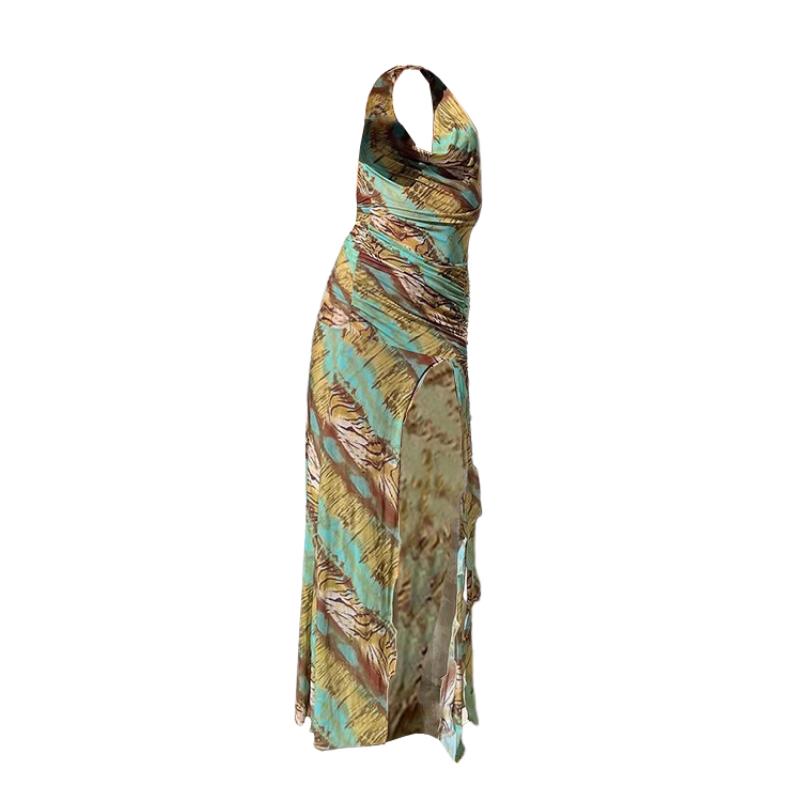 Halter cowl neck print high slit ruched maxi dress