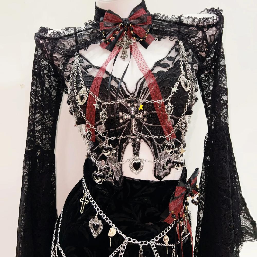 Long sleeve lace butterfly pattern bowknot metal chain mini skirt set