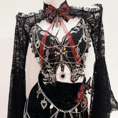 Long sleeve lace butterfly pattern bowknot metal chain mini skirt set