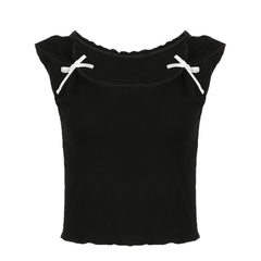 Cap sleeve bowknot u neck ruffle top