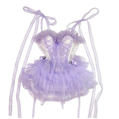 Sweetheart neck mesh lace hem self tie cami mini dress