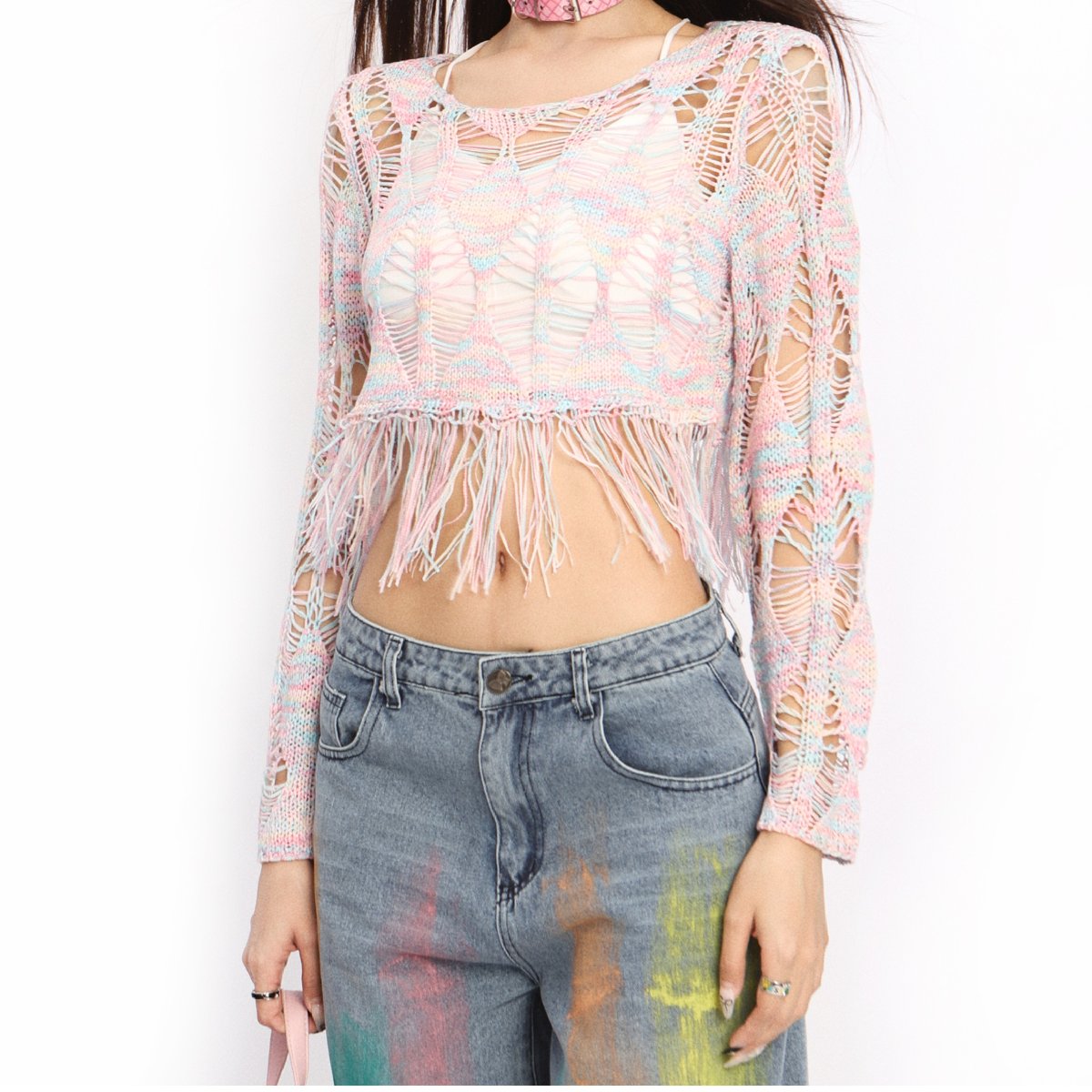 Long sleeve hollow out knitted crop top