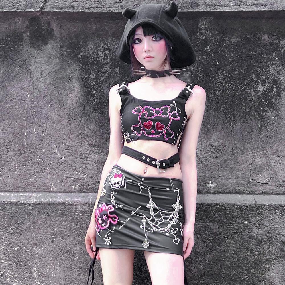 Skull pattern beaded drawstring buckle mini skirt set