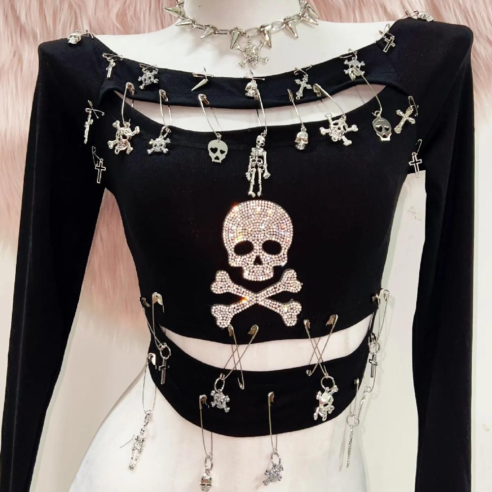 Long sleeve hollow out skull beaded top