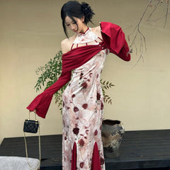 Long flared sleeve velvet flower print hollow out maxi dress