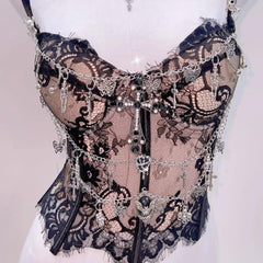 Sweetheart neck lace hem metal chain cami top