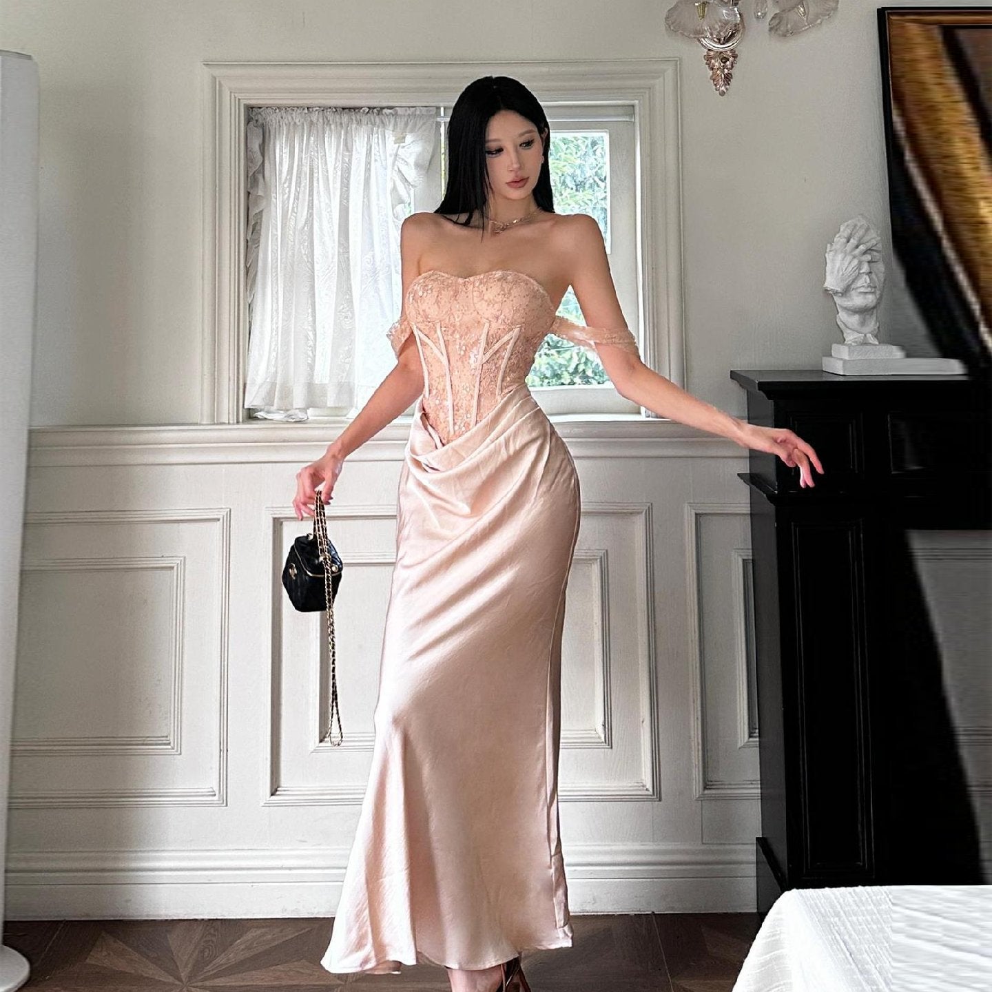 Sweetheart neck off shoulder corset lace maxi dress