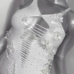 V neck beaded bowknot hollow out metal chain cami mini dress
