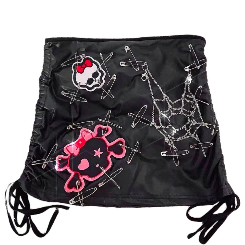 Skull pattern beaded drawstring buckle mini skirt set