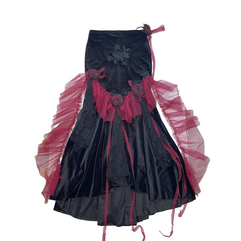 Long flared sleeve embroidery mesh flower applique maxi skirt set