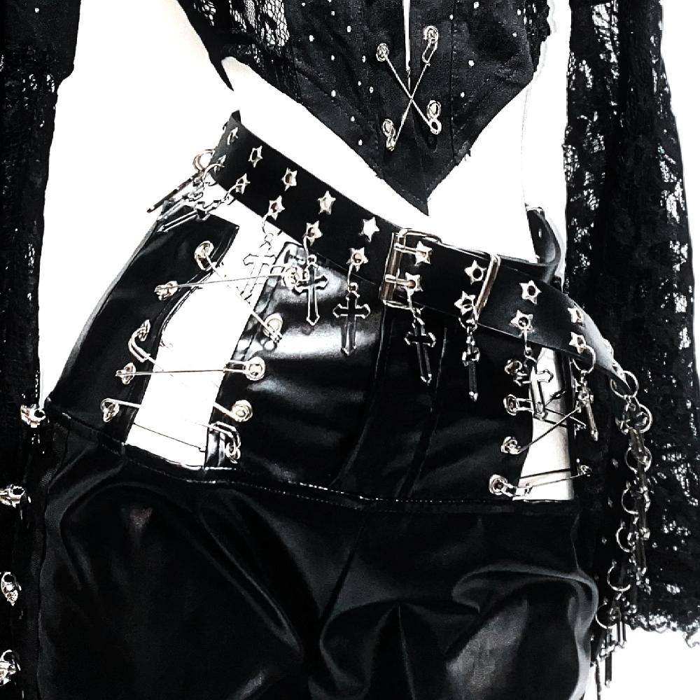 PU leather o ring skull applique pant