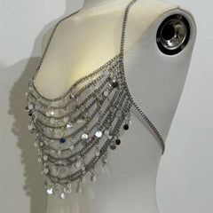Halter glitter metal chain hollow out top