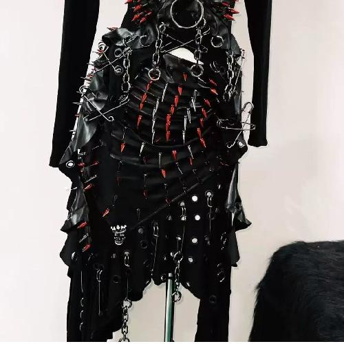 Long sleeve rivet metal chain PU leather mini skirt set