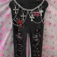 Hollow out metal chain self tie pant