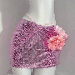 Halter beaded flower applique print self tie mini skirt set