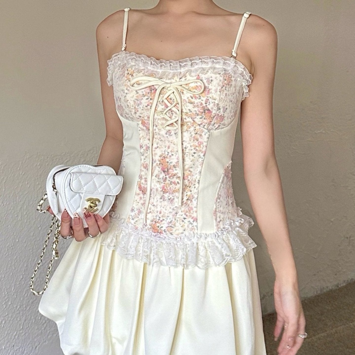 Lace hem ruffle flower print patchwork cami mini dress
