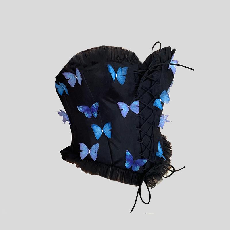 Sweetheart neck butterfly applique mesh lace up tube top