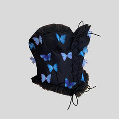Sweetheart neck butterfly applique mesh lace up tube top