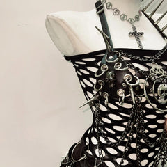 Halter o ring PU leather rivet metal chain mini skirt set