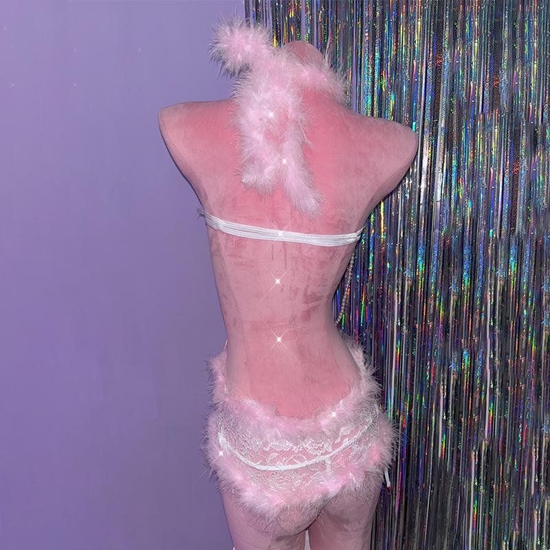 Halter fluffy beaded bowknot "Hello Kitty" pattern backless 2 piece top