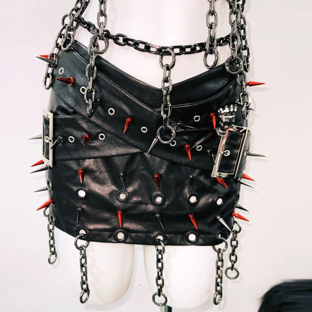 V neck o ring rivet PU leather buckle cami mini skirt set