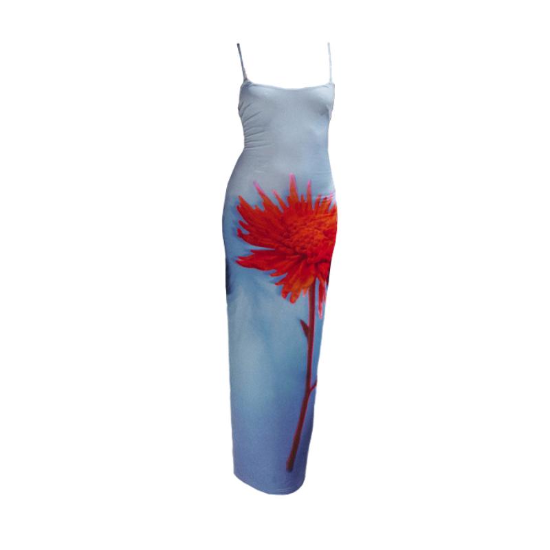 Flower print slit contrast cami maxi dress