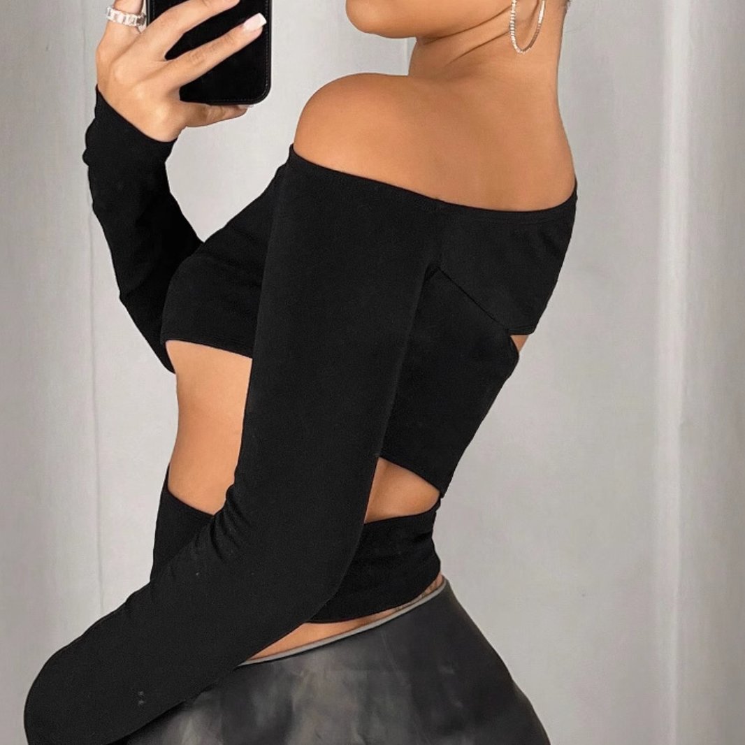 One shoulder long sleeve hollow out top