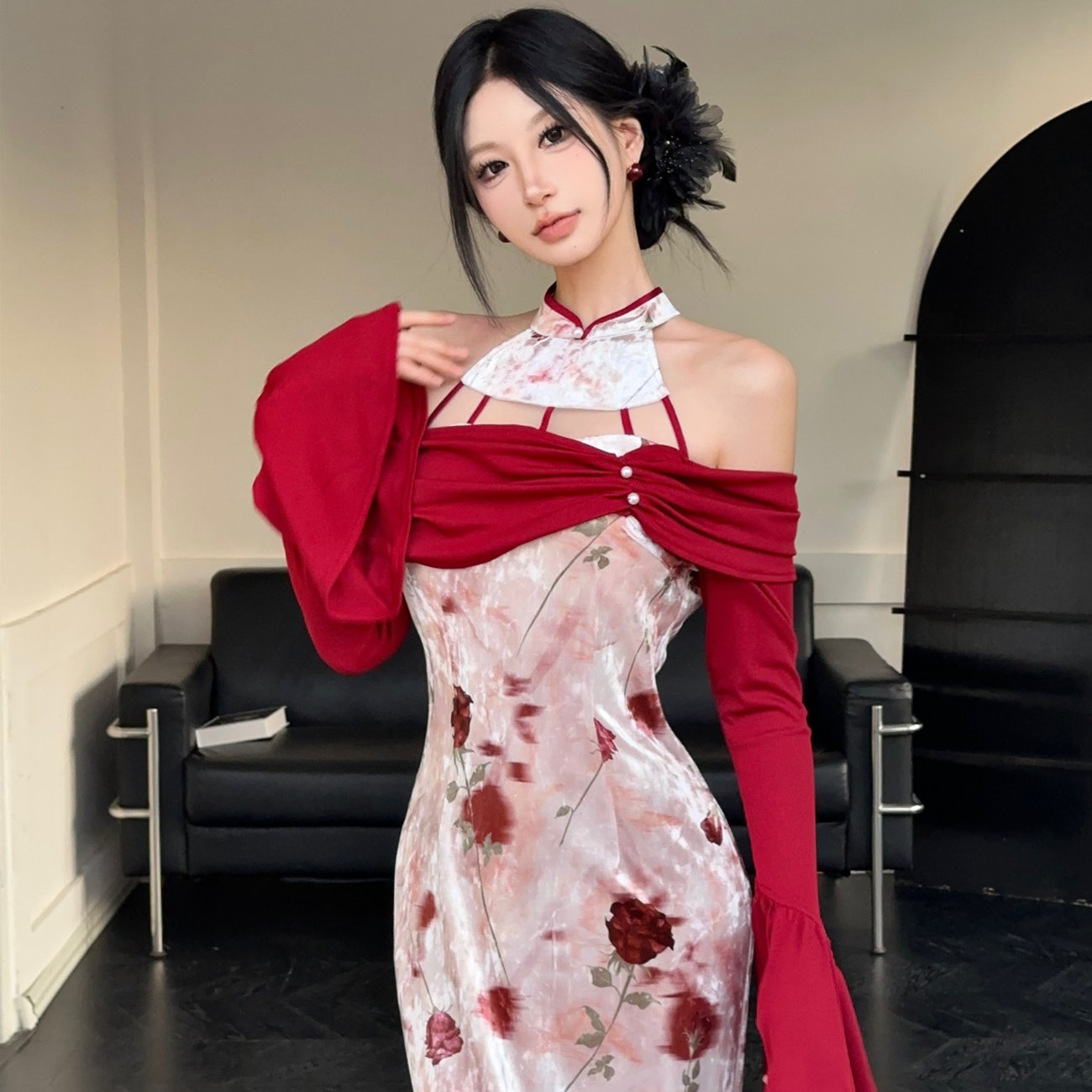 Long flared sleeve velvet flower print hollow out maxi dress