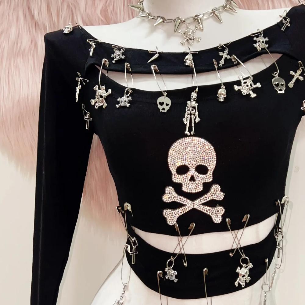 Long sleeve hollow out skull beaded top