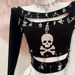 Long sleeve hollow out skull beaded top