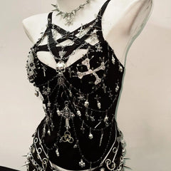 PU leather beaded skull o ring metal chain mini skirt set