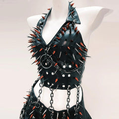 PU leather halter rivet o ring pleated mini skirt set