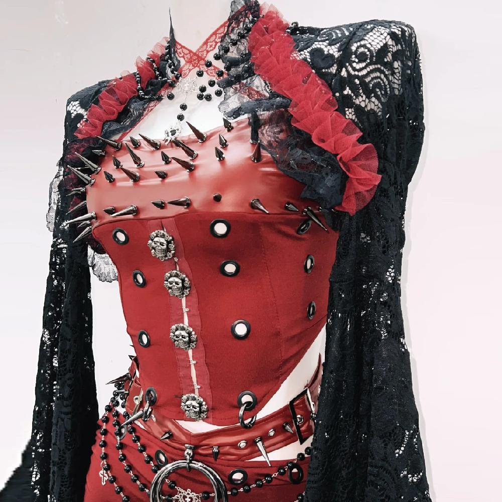 Long flared sleeve PU leather rivet metal chain shrug 3 piece mini skirt set