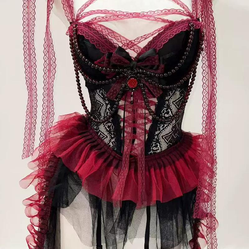 Sweetheart neck bowknot lace hem beaded mesh mini dress