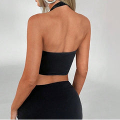 Halter metal backless applique crop top
