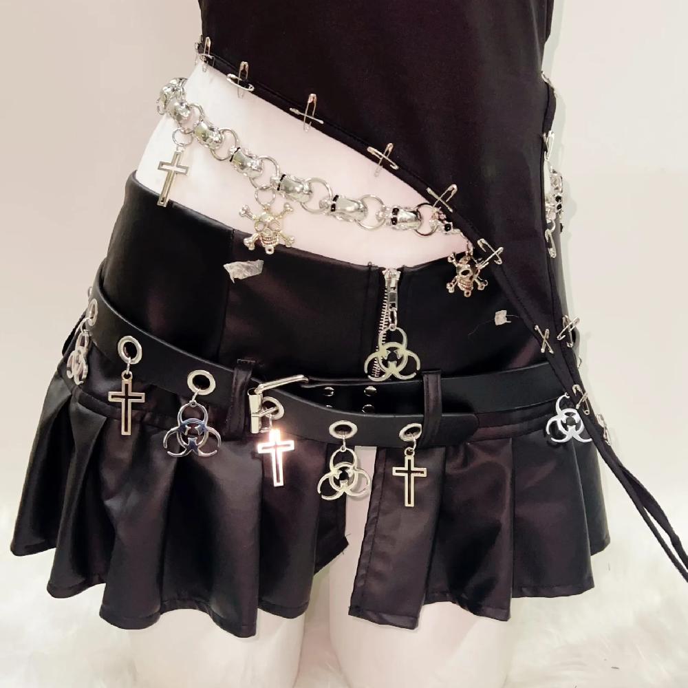 One shoulder beaded skull PU leather belt mini skirt set