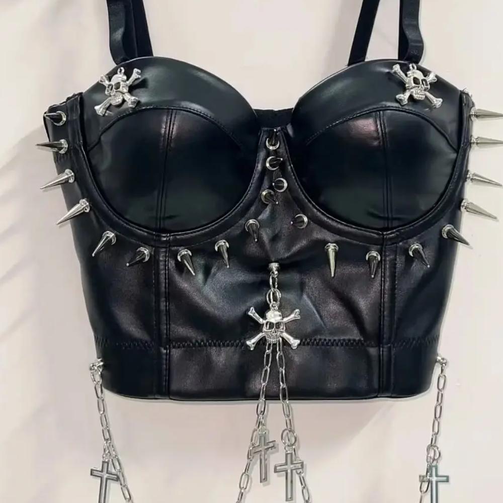 PU leather rivet skull metal chain cami top