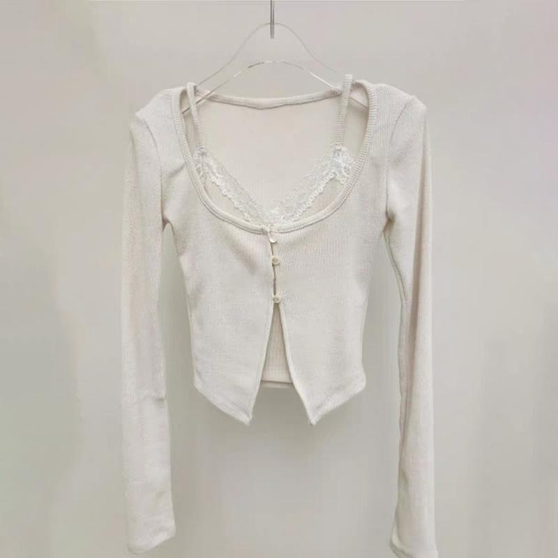 U neck long sleeve lace hem 2 piece cami top