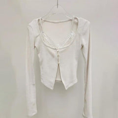 U neck long sleeve lace hem 2 piece cami top