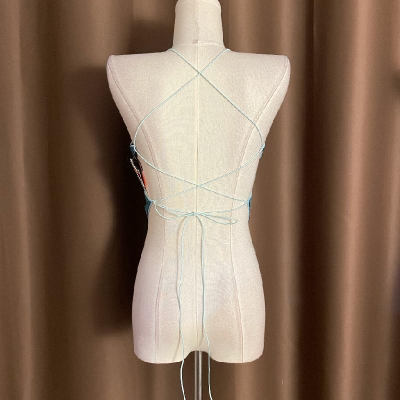 Halter glitter v neck butterfly pattern self tie crop top